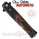 Skull Flag Automatic Switchblade Knives Slim Stiletto Pocket Knife Black Blade