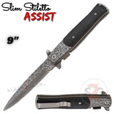 Black Pakka Wood Spring Assist Stiletto Knives Slim Pocket Knife Damascus Blade