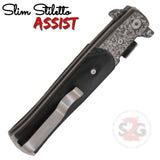 Black Pakka Wood Spring Assist Stiletto Knives Slim Pocket Knife Damascus Blade