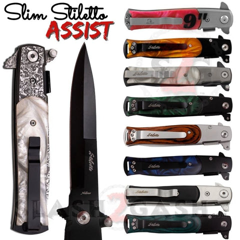 Stiletto Knife Spring Assisted Pocket Knives 9" Milano Black Damascus Marble Pearl Wood