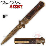 Rosewood Spring Assist Stiletto Knives Slim Pocket Knife Gold Damascus Blade