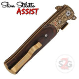 Rosewood Spring Assist Stiletto Knives Slim Pocket Knife Gold Damascus Blade