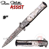 White Marble Spring Assist Stiletto Knives Slim Pocket Knife Damascus Blade