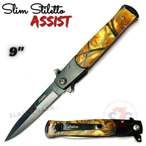Amber Marble Spring Assist Stiletto Knives Slim Pocket Knife Black Blade
