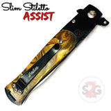 Yellow Gold Marble Pearl Spring Assist Stiletto Knives Slim Pocket Knife Black Blade