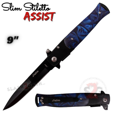 Blue Marble Spring Assist Stiletto Knives Slim Pocket Knife Black Blade