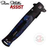 Blue Marble Spring Assist Stiletto Knives Slim Pocket Knife Black Blade