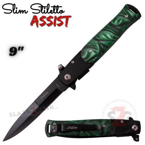 Green Marble Spring Assist Stiletto Knives Slim Pocket Knife Black Blade