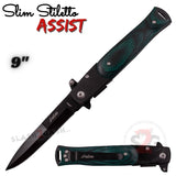 Black Pakka Wood Green Spring Assist Stiletto Knives Slim Pocket Knife Black Blade
