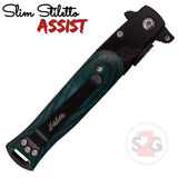 Green Pakka Wood Spring Assist Stiletto Knives Slim Pocket Knife Black Blade
