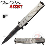Black Silver Marble 2 Tone Spring Assist Stiletto Knives Slim Pocket Knife Black Blade