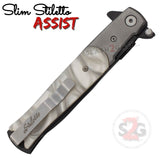Black and Silver Marble Spring Assist Stiletto Knives Slim Pocket Knife Black Blade