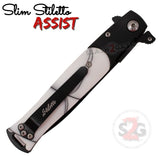 Black White Marble Spring Assist Stiletto Knives Slim Pocket Knife Black Blade