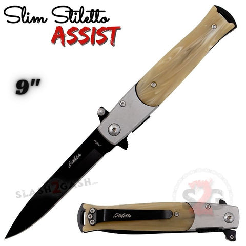 Faux Bone Spring Assist Stiletto Knives Slim Pocket Knife Black Blade