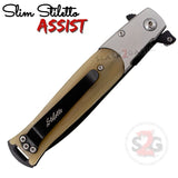 Faux Bone Spring Assist Stiletto Knives Slim Pocket Knife Black Blade