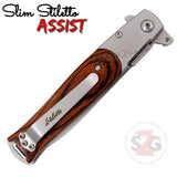 Rosewood Spring Assist Stiletto Knives Slim Pocket Knife Silver Blade