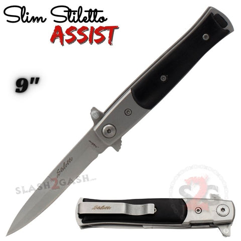 Black Pakka Wood Spring Assist Stiletto Knives Slim Pocket Knife Silver Blade