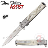 Black Silver Marble Spring Assist Stiletto Knives Slim Pocket Knife Silver Blade