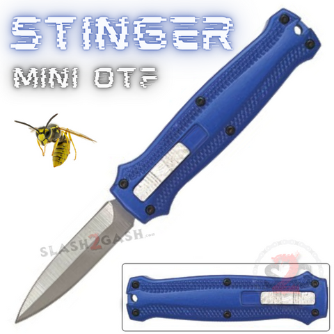 Stinger Mini OTF Knife Small CNC Switchblade Dagger - Blue w/ Silver