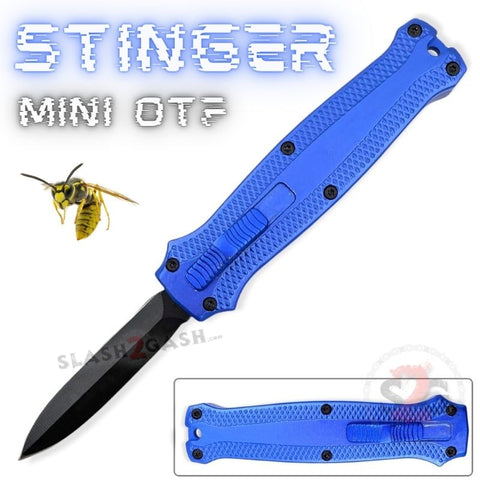 Blue California Legal Mini Out The Front Knife Small Automatic Switchblade Key Chain Knives - Stinger Black Blade
