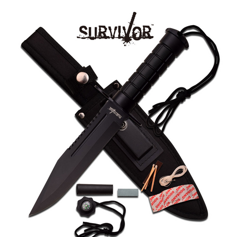 Survivor Hunting Knife Black Tactical Rambo Style w/ Survival Kit
