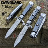 Automatic Switchblade Knives Buffalo Horn Damascus Swing Guard Italian Style 9 Inch Italy Swinguard Stiletto Knife