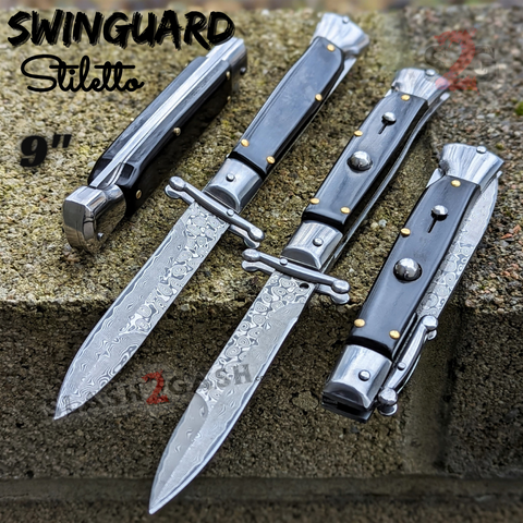 Italian Swinguard Automatic Knife Buffalo Horn Switchblade Real Damascus Knives Stiletto Swing Guard 9 Inch Italy
