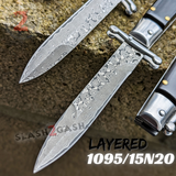Italian Swinguard Automatic Knife Buffalo Horn Switchblade Real Damascus Knives Stiletto Swing Guard 9 Inch Italy 1095 15N20
