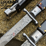 Italian Swinguard Automatic Knife Buffalo Horn Switchblade Real Damascus Knives Stiletto Swing Guard 9 Inch Italy Lockback Release
