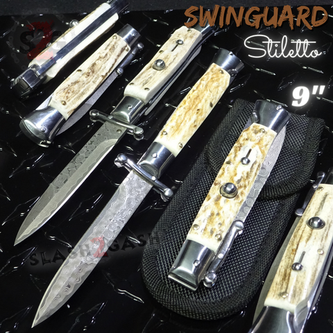 Automatic Switchblade Knives Raindrop Real Damascus Stag Antler Teardrop Swing Guard Italian Style 9 Inch Italy Swinguard Stiletto Knife