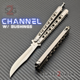 The ONE Titanium Butterfly Knife with BUSHINGS 440C Channel Balisong - Satin 43 clone Bowie with Spring Latch