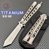 The ONE Titanium Butterfly Knife with BUSHINGS 440C Channel Balisong - Satin 47 clone Tanto with Spring Latch