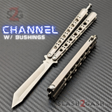 The ONE Titanium Butterfly Knife with BUSHINGS 440C Channel Balisong - Satin 47 clone Tanto with Spring Latch