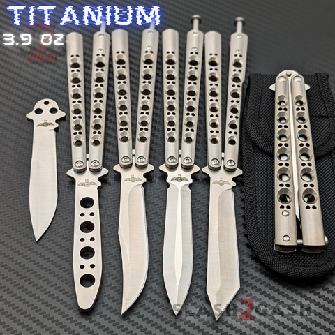 The ONE Titanium Butterfly Knife with BUSHINGS 440C Channel Balisong - 40 42 43 46 47 clone with Spring Latch