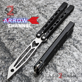The ONE Balisong Arrow Aluminum Butterfly Knife Clone Channel Construction D2 - BUSHINGS Black Trainer Knives
