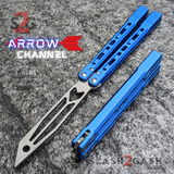 The ONE Balisong Arrow Aluminum Butterfly Knife Clone Channel Construction D2 - BUSHINGS Blue Trainer Knives