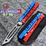 The ONE Balisong Arrow Aluminum Butterfly Knife Clone Channel Construction D2 - BUSHINGS Blue Red Multi Trainer Knives