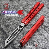 The ONE Balisong Arrow Aluminum Butterfly Knife Clone Channel Construction D2 - BUSHINGS Red Trainer Knives