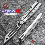The ONE Balisong Arrow Aluminum Butterfly Knife Clone Channel Construction D2 - BUSHINGS Silver Trainer Knives