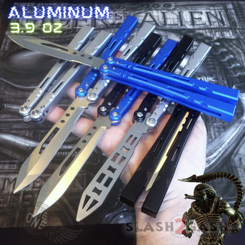 The ONE ALIEN Balisong Channel Butterfly Knife w/ Zen Pins - ORIGINAL Design Silver Hardware Black Blue