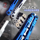 The ONE ALIEN Balisong BLACK Hardware INKED Channel Butterfly Knife w/ Bushings - Blue Silver Pivots Screws