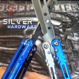 The ONE ALIEN Balisong Channel Butterfly Knife - ORIGINAL Design Silver Hardware Black Blue w/ bushings