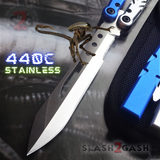 The ONE ALIEN Balisong INKED Channel Butterfly Knife - Black Hardware Blue Silver 440C Stainless Steel Blade