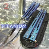 The ONE Butterfly Knife TITANIUM Balisong w/ Bushings - (clone) Lizard Blue Mirror Blade