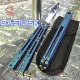 Blue Titanium Balisong The ONE Butterfly knife w/ Bushings - (clone) Lizard Mirror Blade