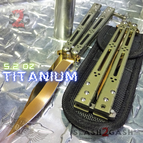 Titanium Balisong The ONE Butterfly knife w/ Bushings - (clone) Lizard Gold Mirror Blade