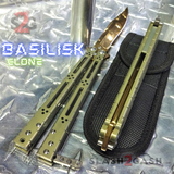 Gold Titanium Balisong The ONE Butterfly knife w/ Bushings - (clone) Lizard Mirror Blade Sandwich