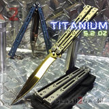 The ONE Butterfly Knife TITANIUM Balisong w/ Bushings - (clone) Lizard Gold Blade Blue Handle Silver