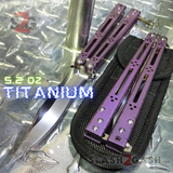 The ONE Butterfly Knife TITANIUM Balisong w/ Bushings - (clone) Lizard Purple Handles