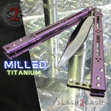 Titanium Balisong The ONE Butterfly knife w/ Bushings - (clone) Lizard Purple Mirror Blade D2